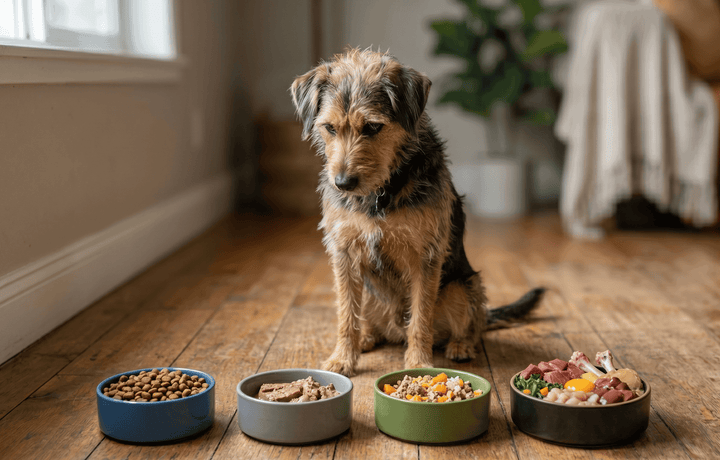 Hund schaut in Futternäpfe